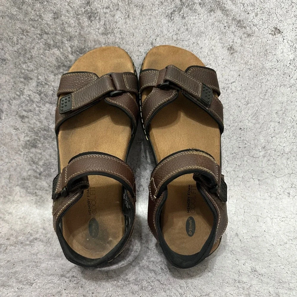 Dr Scholls Gus Sandals Mens 12 Brown Leather Comfort Adjustable Straps Gus